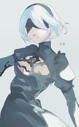 Rule 34 | 1girl, absurdres, black blindfold, black hairband, blindfold, breasts, character name, cleavage, cleavage cutout, closed mouth, clothing cutout, grey background, hairband, highres, kurobeko (kur0bek0), mole, mole under mouth, nier (series), nier:automata, pink lips, puffy sleeves, short hair, simple background, sketch, solo, turtleneck, white hair, 2b (nier:automata)