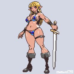 Rule 34 | 1girl, belt, bikini, blonde hair, blunt bangs, boots, breasts, cleavage, full body, grey background, holding, holding sword, holding weapon, large breasts, long hair, mabius, navel, original, pixel art, pointy ears, red eyes, simple background, solo, standing, swimsuit, sword, thigh belt, thigh strap, warrior, weapon
