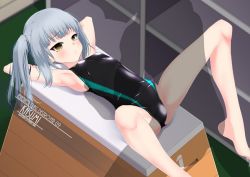 Rule 34 | 1girl, 1other, arms behind head, artist name, barefoot, black one-piece swimsuit, breasts, brown eyes, character name, commentary request, competition swimsuit, grey hair, inaba shiki, kantai collection, kasumi (kancolle), long hair, lying, one-piece swimsuit, side ponytail, silhouette, small breasts, spread legs, swimsuit, vaulting horse