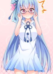 Rule 34 | 1girl, ^^^, aatsu, bespectacled, blue-framed eyewear, blue dress, blue hair, blue ribbon, blush, breasts, collarbone, commentary request, cowboy shot, dress, glasses, hair ribbon, hands up, kotonoha aoi, long hair, looking at viewer, medium breasts, pink background, pov, purple eyes, ribbon, semi-rimless eyewear, simple background, sleeveless, sleeveless dress, solo, straight hair, surprised, tassel, under-rim eyewear, v-shaped eyebrows, very long hair, voiceroid, wide-eyed, x-ray glasses, x-ray vision