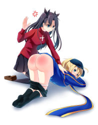 Rule 34 | 2girls, ahoge, angry, artoria pendragon (all), artoria pendragon (fate), ass, black hair, black legwear, black shorts, black skirt, blonde hair, blue eyes, blue hat, brown footwear, clothes pull, fate/grand order, fate (series), hair ribbon, hand on another&#039;s back, hand up, hat, long hair, long sleeves, multiple girls, mysterious heroine x (fate), panties, panty pull, pleated skirt, ribbon, saber (fate), shoes, shorts, shorts pull, simple background, skirt, spanked, spanking, teo (teorekka), tohsaka rin, two side up, underwear, uwabaki