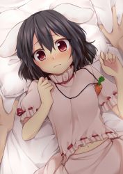 Rule 34 | 1girl, animal ears, bad id, bad pixiv id, bed, bed sheet, black hair, blush, carrot necklace, inaba tewi, jewelry, looking at viewer, lying, navel, necklace, nnyara, on back, on bed, pendant, pillow, pov, rabbit ears, red eyes, ribbon-trimmed clothes, ribbon-trimmed sleeves, ribbon trim, short hair, short sleeves, solo focus, touhou