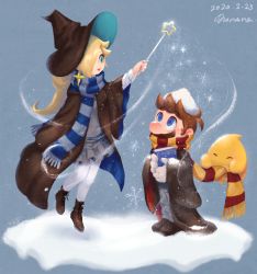 Rule 34 | 1boy, 1girl, blonde hair, blue background, blue eyes, book, brown hair, earrings, facial hair, hat, jewelry, mario, mario (series), mustache, nintendo, nonana (galaxycat89p13), open mouth, robe, rosalina, scarf, shoes, skirt, smile, snow, snowflakes, striped clothes, striped scarf, super mario galaxy, wand, witch hat