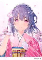 Rule 34 | 1girl, 6u (eternal land), absurdres, blurry, blurry background, blush, closed mouth, floral print, gloves, gradient background, hair ornament, hands up, headdress, highres, japanese clothes, kimono, lips, looking at viewer, obi, original, page number, petals, purple eyes, purple hair, sash, scan, short hair, smile, solo, upper body, white gloves, wide sleeves