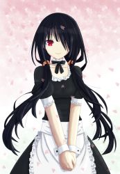 Rule 34 | 10s, 1girl, apron, artist request, black hair, breasts, date a live, detached collar, hair over one eye, highres, long hair, low twintails, maid, maid apron, petals, red eyes, smile, solo, tokisaki kurumi, twintails, wrist cuffs