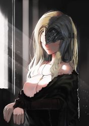 Rule 34 | 1girl, absurdres, bad id, bad twitter id, bare shoulders, blindfold, blonde hair, breasts, cloak, closed mouth, collarbone, covered eyes, dark souls (series), dark souls i, dark souls iii, day, fire keeper, highres, ihobus, indoors, jewelry, large breasts, light rays, long hair, mask, necklace, off shoulder, smile, solo, upper body