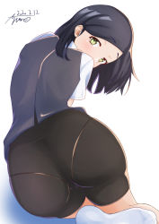 Rule 34 | 1girl, absurdres, ass, ayuman, bike shorts, black hair, black shorts, black vest, commentary request, dated, dress shirt, from behind, green eyes, hair ornament, hairclip, highres, kantai collection, kuroshio (kancolle), looking at viewer, looking back, panties under bike shorts, pantylines, school uniform, shirt, short hair, short sleeves, shorts, signature, simple background, sitting, socks, solo, vest, white background, white shirt, white socks, yokozuwari