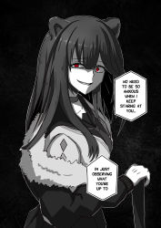 Rule 34 | 1girl, absurdres, animal ears, arknights, bad id, bad pixiv id, bear ears, brown hair, commentary, english commentary, english text, female focus, gesugao, highres, ichi10art, long hair, looking at viewer, monochrome, monochrome background, red eyes, solo, zima (arknights)