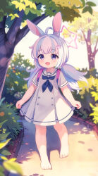 Rule 34 | 1girl, absurdres, ahoge, animal ear fluff, animal ears, barefoot, blue archive, blue eyes, child, dress, feet, full body, halo, highres, kinoshita ringo (ryve5758), long hair, low twintails, nature, open mouth, outdoors, rabbit ears, rabbit girl, reisa (blue archive), short sleeves, smile, solo, toes, tree, twintails, walking, white dress, white hair