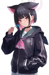 Rule 34 | 1girl, animal ears, black hair, black jacket, blue archive, blush, breasts, candy, cat ears, choker, colored inner hair, extra ears, food, gen (gen 7254), green sailor collar, hair ornament, hairclip, halo, highres, hood, hooded jacket, jacket, kazusa (blue archive), lollipop, long sleeves, looking at viewer, multicolored hair, neckerchief, pink hair, pink neckerchief, pleated skirt, red eyes, sailor collar, shirt, short hair, skirt, small breasts, smile, white shirt, white skirt
