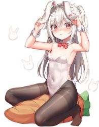 Rule 34 | 1girl, animal ears, arms up, bare shoulders, black pantyhose, blush, bow, bowtie, breasts, commentary request, detached collar, fake animal ears, full body, hair between eyes, hair ornament, holding ears, leotard, long hair, looking at viewer, mannack, no shoes, one side up, original, pantyhose, parted lips, playboy bunny, rabbit-shaped pupils, rabbit ears, rabbit hair ornament, rabbit tail, red bow, red bowtie, red eyes, simple background, small breasts, solo, strapless, strapless leotard, stuffed carrot, symbol-shaped pupils, tail, thighband pantyhose, very long hair, white background, white hair, white leotard, wrist cuffs