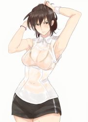 Rule 34 | 1girl, adjusting hair, armpits, arms behind head, arms up, blush, bracelet, breasts, brown eyes, brown hair, cleavage, covered navel, curvy, gym uniform, jewelry, large breasts, navel, ogros, original, see-through, shirt, shorts, sleeveless, solo, standing, sweat, sweatband, sweatdrop, wet, wet clothes, wet shirt, white background, wide hips, wristband