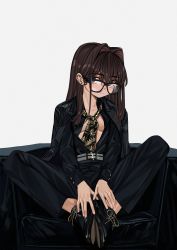 Rule 34 | 1girl, belt, black pants, black shirt, blouse, blue eyes, blush, breasts, brown hair, chair, closed mouth, collared shirt, elisia valfelto, formal, full body, glasses, grey background, hair intakes, highres, jacket, jacket on shoulders, long hair, long sleeves, luicent, medium breasts, open clothes, original, pants, piercing, pinstripe pattern, shirt, simple background, sitting, solo, striped clothes, striped jacket, suit, vertical-striped clothes, vertical-striped jacket, very long hair