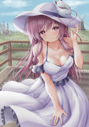 Rule 34 | 1girl, akino irori, bare shoulders, blue sky, breasts, castle, cloud, cloudy sky, dress, grass, hair between eyes, hand on headwear, hand up, hat, hata no kokoro, highres, holding, long hair, looking at viewer, mask, medium breasts, pink eyes, pink hair, sky, sleeveless, standing, touhou, white dress, white headwear