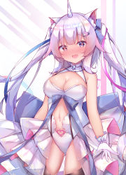 Rule 34 | 1girl, absurdres, animal ear fluff, animal ears, black thighhighs, blush, breasts, cat ears, center opening, chinese commentary, cleavage, cleavage cutout, clothing cutout, commentary request, gloves, gluteal fold, hair ornament, hairclip, heart, heart-shaped pupils, heterochromia, highres, horns, leotard, long hair, navel, open mouth, original, pink hair, pubic tattoo, ribbon, showgirl skirt, single horn, skirt, smile, solo, symbol-shaped pupils, tattoo, thighhighs, thighs, twintails, twiska (doubitian), virtual youtuber, white gloves, white leotard, white skirt