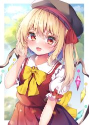 Rule 34 | 1girl, :d, alternate headwear, black hat, blonde hair, blurry, blurry background, blush, bow, bowtie, commentary request, crystal, fang, flandre scarlet, hand in own hair, hat, hat ribbon, highres, looking at viewer, medium hair, one side up, open mouth, outdoors, red eyes, red ribbon, red skirt, red vest, ribbon, shirotsuki shirone, shirt, short sleeves, skin fang, skirt, smile, solo, touhou, vest, white shirt, wings, yellow bow, yellow bowtie