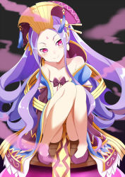 Rule 34 | 1girl, ass, blush, facial mark, fate/grand order, fate (series), forehead mark, full body, hair ornament, hair stick, japanese clothes, kimono, long hair, looking at viewer, purple eyes, purple hair, revealing clothes, sidelocks, sitting, smile, smoke, solo, twintails, very long hair, wu zetian (fate), yasumoli