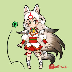 Rule 34 | 1boy, 1girl, amaterasu (ookami), animal ears, artist request, blush, breasts, bug, chibi, cleavage, dated, facial mark, face paint, feet, issun, japanese clothes, long hair, medium breasts, miko, multicolored hair, ookami (game), pendant, personification, puffy sleeves, skirt, smile, tail, two-tone hair, very long hair, wolf ears
