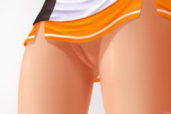 Rule 34 | 1girl, ara haan, artist name, cleft of venus, close-up, commentary request, crotch, dark-skinned female, dark skin, elsword, female focus, gluteal fold, highres, microskirt, orange skirt, pantyhose, pussy, side slit, simple background, skirt, solo, thighs, uncensored, white background, z282g