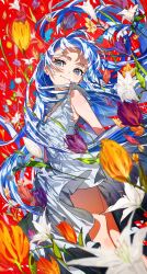 Rule 34 | 1girl, blue dress, blue eyes, blue flower, blue hair, breasts, cleavage, closed mouth, colorful, dress, falling flower, falling petals, floating hair, flower, hair between eyes, highres, leaf, light blue dress, light blush, lily (flower), long hair, looking at viewer, looking to the side, mika pikazo, multicolored eyes, original, petals, purple flower, purple tulip, red background, red flower, sidelocks, sleeveless, sleeveless dress, small breasts, smile, solo, spider lily, standing, tulip, very long hair, white flower, white lily, yellow flower, yellow spider lily