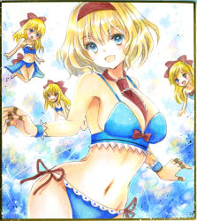 Rule 34 | 4girls, :d, :o, alice margatroid, bad id, bad twitter id, bikini, blonde hair, blue eyes, blue kimono, bow, breasts, cleavage, doll joints, hair bow, hairband, hajike akira, japanese clothes, joints, kimono, lolita hairband, long hair, looking at viewer, multiple girls, navel, open mouth, red bow, shanghai doll, side-tie bikini bottom, smile, swimsuit, touhou, traditional media