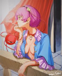 Rule 34 | 1girl, absurdres, aged up, blue shirt, breasts, cigarette, curtains, expressionless, eyeball, highres, komeiji satori, medium breasts, no bra, open clothes, open shirt, outdoors, profile, purple hair, red eyes, shirt, sign (jojo1408), smoke, smoking, solo, third eye, touhou, upper body, wide sleeves, wind