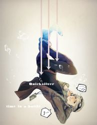 Rule 34 | 1boy, animification, bad id, bad pixiv id, floating, goggles, goggles on head, grey hair, looking at viewer, male focus, marvel, mikann0206, musical note, peter maximoff, quicksilver, smile, solo, spoken musical note, upside-down, walkman, x-men, x-men: days of future past