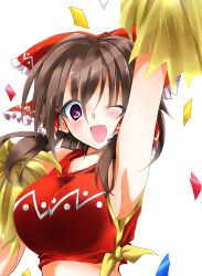 Rule 34 | 1girl, ;d, arm up, armpits, bow, breasts, brown hair, cheerleader, confetti, crop top, hair bow, hair ribbon, hair tubes, hakurei reimu, highres, ichimura kanata, large breasts, messy hair, one eye closed, open mouth, outstretched arm, pom pom (cheerleading), ribbon, shirt, simple background, sleeveless, sleeveless shirt, smile, solo, touhou, upper body, white background