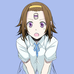 Rule 34 | 10s, 1girl, :o, blue background, brown hair, chitanda eru, foreshortening, hairband, hamada youho, hyouka, k-on!, leaning forward, looking at viewer, open mouth, purple eyes, ribbon, round teeth, satou satomi, school uniform, short hair, simple background, sketch, solo, tainaka ritsu, teeth, voice actor connection