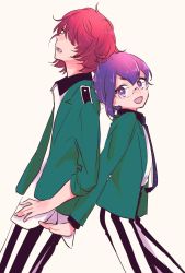 Rule 34 | 1boy, 1girl, back-to-back, bad id, bad twitter id, bishounen series, doujima mayumi, fukuroi mitsuru, glasses, green jacket, hair ornament, hair over one eye, hairclip, hayo see, highres, jacket, looking at viewer, necktie, open mouth, pants, purple eyes, purple hair, red eyes, red hair, school uniform, shirt, striped clothes, striped pants