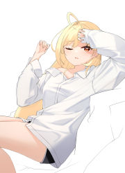 Rule 34 | 1girl, absurdres, ahoge, arm up, black shorts, blonde hair, dress shirt, hand up, highres, jingburger, long hair, long sleeves, looking at viewer, off shoulder, one eye closed, oversized clothes, parted lips, red eyes, shirt, short shorts, shorts, solo, thighs, very long hair, virtual youtuber, waktaverse, white shirt, ziro (zirorong)