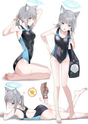 Rule 34 | 1girl, 1other, animal ear fluff, animal ears, bag, barefoot, black one-piece swimsuit, blue archive, blue eyes, breasts, chicke iii, competition swimsuit, covered navel, cross hair ornament, extra ears, feet, grey hair, hair ornament, halo, highres, lotion, low ponytail, lying, medium breasts, medium hair, mismatched pupils, multicolored clothes, multicolored swimsuit, multiple views, on stomach, one-piece swimsuit, revision, seiza, shiroko (blue archive), shiroko (swimsuit) (blue archive), simple background, sitting, soles, standing, sunscreen, swimsuit, toes, white background