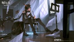 Rule 34 | 1boy, akai 999, animal ears, arknights, ascot, black footwear, black hair, black pants, black suit, bow, cello, ebenholz (arknights), epaulettes, flute, formal, goat boy, goat ears, goat horns, hair bow, highres, holding, holding instrument, horns, indoors, instrument, long hair, long sleeves, looking outside, low ponytail, male focus, official art, pants, purple eyes, red bow, sheet music, shoes, short hair with long locks, sitting, solo, suit, very long hair, watermark, white ascot, window