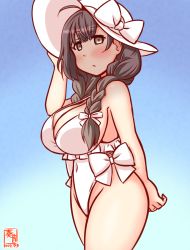 Rule 34 | 1girl, ahoge, artist logo, blue sky, braid, breasts, brown eyes, brown hair, casual one-piece swimsuit, choker, cosplay, cowboy shot, dated, frilled one-piece swimsuit, frilled swimsuit, frills, hair between eyes, hat, highleg, highleg swimsuit, kanon (kurogane knights), kantai collection, large breasts, looking at viewer, one-hour drawing challenge, one-piece swimsuit, sagiri (kancolle), sagiri (kancolle) (cosplay), shinshuu maru (kancolle), side-tie swimsuit, sky, smile, solo, sun hat, swimsuit, twin braids, white choker, white hat, white one-piece swimsuit