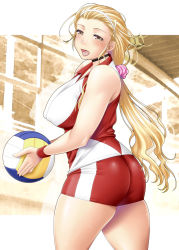 Rule 34 | 10s, 1girl, ass, ayato, bad id, bad pixiv id, bare shoulders, blonde hair, blush, breasts, brown eyes, curvy, covered erect nipples, girls und panzer, hairband, highres, large breasts, long hair, open mouth, plump, ponytail, sasaki akebi, shorts, sleeveless, solo, sportswear, thick thighs, thighs, volleyball uniform