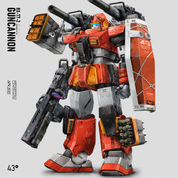 Rule 34 | beam rifle, character name, concept art, damaged, dirty, earth federation, energy gun, english text, guncannon, gundam, highres, kongping0550219, machinery, mecha, missile, missile pod, mobile suit, mobile suit gundam, original, realistic, redesign, robot, roundel, science fiction, shield, shoulder cannon, simple background, solo, thrusters, weapon