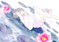 Rule 34 | 1girl, arms up, asai umi, barefoot, blue eyes, breasts, brown hair, flower, flower request, foot out of frame, from side, hands in hair, lake, legs up, lily pad, lying, medium breasts, on back, original, pink flower, shirt, short sleeves, shorts, solo, water, white shirt, white shorts