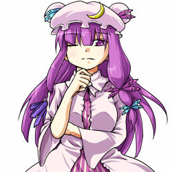 Rule 34 | 1girl, bow, crescent, crescent hair ornament, hair bow, hair ornament, hat, long hair, looking at viewer, one eye closed, patchouli knowledge, purple eyes, purple hair, shinkai no shachi, solo, touhou, white background