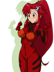 Rule 34 | 1girl, blush, cosplay, cowboy shot, embarrassed, face, from side, frown, highres, legs together, long hair, neon genesis evangelion, parody, plugsuit, plugsuit (cosplay), pu-chin, red hair, simple background, solo, souryuu asuka langley, souryuu asuka langley (cosplay), standing, tengen toppa gurren lagann, thighs, vector trace, very long hair, white background, wide-eyed, yellow eyes, yoko littner