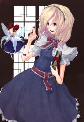Rule 34 | 1girl, :d, alice margatroid, belt, beshi, blonde hair, blue eyes, blush, book, capelet, doll, fairy wings, female focus, frills, full body, grimoire, grimoire of alice, holding, holding book, necktie, open mouth, red necktie, shanghai doll, short hair, size difference, smile, solo, touhou, wings
