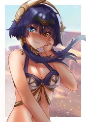 Rule 34 | 1girl, absurdres, bare shoulders, blue eyes, blush, border, breasts, candace (genshin impact), cleavage, egyptian clothes, genshin impact, hair ornament, heterochromia, highres, light smile, looking at viewer, medium breasts, midriff, pinkius, short hair with long locks, solo, upper body, white border, yellow eyes