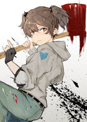 Rule 34 | 10s, 1girl, absurdres, alisa (girls und panzer), axe, belt, black gloves, blood, blood splatter, bloody weapon, brown eyes, brown hair, casual, closed mouth, fingerless gloves, freckles, girls und panzer, gloves, grey shirt, hair ornament, heart, highres, hiranko, holding, holding weapon, hood, hoodie, long sleeves, mouth hold, pants, shirt, short hair, short twintails, solo, standing, standing on one leg, star (symbol), star hair ornament, twintails, weapon