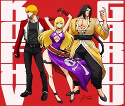 Rule 34 | 1girl, 2boys, absurdres, belt, black hair, blonde hair, blue eyes, breasts, choker, cleavage, dress, fingerless gloves, gato (snk), gloves, gold bracelet, highres, jenet behrn, large breasts, long hair, looking at viewer, multiple boys, purple dress, rock howard, smile, snk, the king of fighters, the king of fighters xv, thigh strap