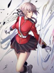 Rule 34 | 1girl, amg (nwmnmllf), belt, black skirt, boots, braid, breasts, fate/grand order, fate (series), florence nightingale (fate), gloves, hair ribbon, jacket, large breasts, looking to the side, military, military uniform, no legwear, pleated skirt, red eyes, red jacket, ribbon, silver hair, skirt, solo, standing, thighs, twin braids, uniform, white footwear, white gloves
