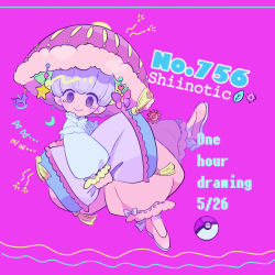Rule 34 | 1girl, bowl cut, bug, butterfly, character name, creatures (company), crescent, dated, english text, full body, game freak, gen 7 pokemon, hat, heart, holding, holding pillow, insect, long sleeves, looking at viewer, magenta background, narumame, nintendo, one-hour drawing challenge, personification, pillow, pink background, pink footwear, poke ball, poke ball (basic), pokedex number, pokemon, puffy sleeves, purple hair, shiinotic, short hair, simple background, smile, solo, star (symbol)