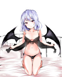 Rule 34 | 1girl, absurdres, babydoll, bare legs, bare shoulders, barefoot, bat wings, black babydoll, black panties, black wings, blue hair, blush, bow, bow panties, breasts, camisole, clothes lift, collarbone, frilled pillow, frills, highres, kuromiko shoujo, light blue hair, lingerie, medium breasts, midriff, naughty face, navel, on bed, panties, pillow, red eyes, remilia scarlet, see-through, simple background, small breasts, smile, spaghetti strap, stomach, touhou, underwear, underwear only, white background, wings