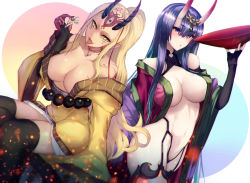 Rule 34 | aged up, alternate breast size, bare shoulders, blonde hair, blush, breasts, cup, earrings, facial mark, fang, fate/grand order, fate (series), highres, holding, holding cup, horns, ibaraki douji (fate), japanese clothes, jewelry, kimono, large breasts, long hair, long sleeves, looking at viewer, makeup, multiple girls, navel, oni, open clothes, open kimono, open mouth, pointy ears, purple eyes, purple hair, purple kimono, revealing clothes, sakazuki, satou daiji, shuten douji (fate), skin-covered horns, smile, solo, tattoo, very long hair, yellow eyes