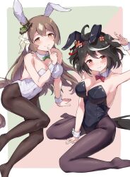 Rule 34 | 2girls, 3:, ahoge, animal ears, arm support, arm up, black hair, black leotard, black pantyhose, bow, bowtie, breasts, brown hair, cleavage, detached collar, double-parted bangs, ear covers, fake animal ears, finger to mouth, green background, green bow, green bowtie, hair ornament, highres, horse girl, horse tail, index finger raised, kitasan black (umamusume), leotard, long hair, looking at viewer, medium breasts, medium hair, multiple girls, pantyhose, playboy bunny, rabbit ears, red background, red bow, red bowtie, red eyes, satolier, satono diamond (umamusume), sitting, smile, strapless, strapless leotard, sweatdrop, tail, traditional bowtie, two-tone background, umamusume, wariza, white leotard, wing collar, wrist cuffs, yellow eyes