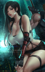 Rule 34 | 1boy, 1girl, bare shoulders, black skirt, breasts, brown eyes, buster sword, cleavage, cloud strife, elbow gloves, elbow pads, final fantasy, final fantasy vii, final fantasy vii remake, fingerless gloves, gloves, large breasts, lexaiduer, long hair, low-tied long hair, midriff, miniskirt, muscular, navel, out of frame, parted lips, pencil skirt, shirt, sitting, skirt, square enix, suspender skirt, suspenders, tank top, taut clothes, taut shirt, thighs, tifa lockhart
