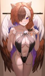 Rule 34 | 1girl, absurdres, black one-piece swimsuit, blue eyes, blush, breasts, collarbone, commentary, commission, estelle (cieluscian), feathered wings, grin, groin, hair over one eye, highres, looking at viewer, medium breasts, medium hair, multicolored hair, multicolored wings, navel, nude, one-piece swimsuit, original, pixiv commission, ryu o, side ponytail, smile, solo, swimsuit, thighs, wings